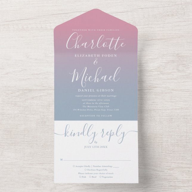 Pink And Dusty Blue Ombre Elegant Script Wedding All In One Invitation (Inside)