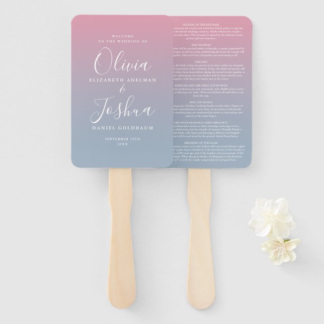 Pink And Dusty Blue Ombre Jewish Wedding Hand Fan (Front and Back)