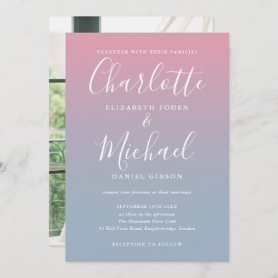 Pink And Dusty Blue Ombre Photo Wedding Invitation