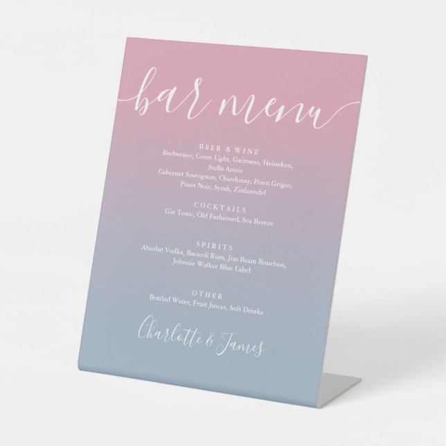 Pink And Dusty Blue Ombre Script Wedding Bar Menu Pedestal Sign (Front)