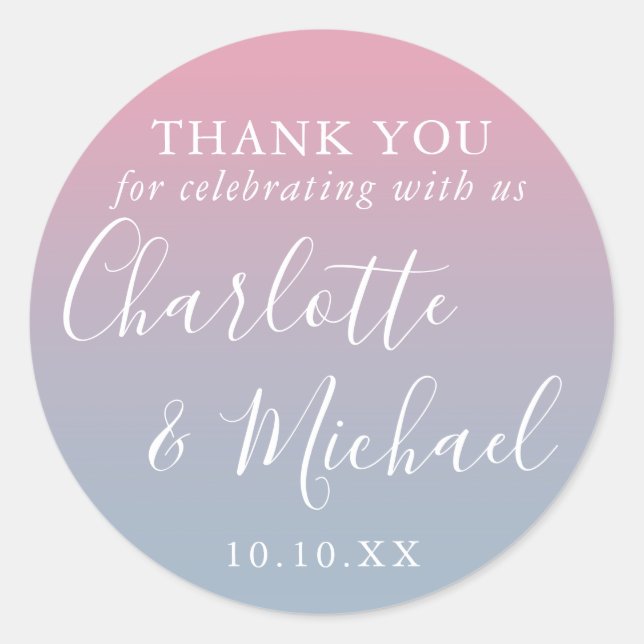 Pink And Dusty Blue Ombre Wedding Favour Thank You Classic Round Sticker (Front)