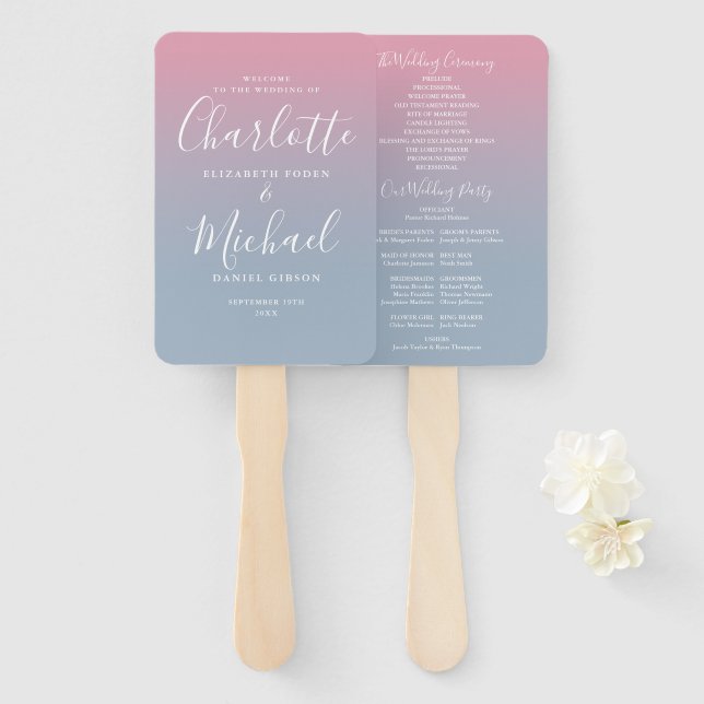 Pink And Dusty Blue Ombre Wedding Program Hand Fan (Front and Back)