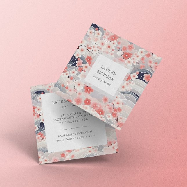 Pink And Dusty Blue Sakura Flowers Square Business Card (Creator Uploaded)