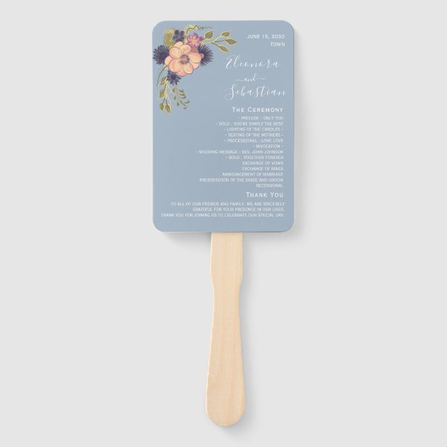 Pink and Dusty Blue Wedding Program Hand Fan (Front)