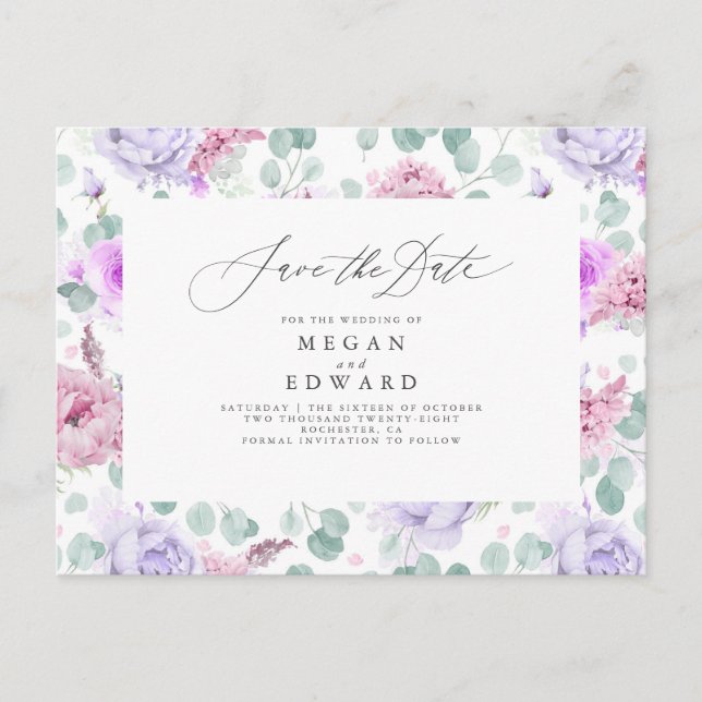 Pink and Dusty Purple Floral Save The Date Announcement Postcard (Front)