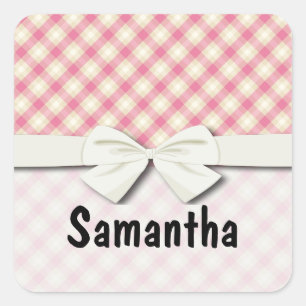 pink and ecru cream gingham plaid square sticker