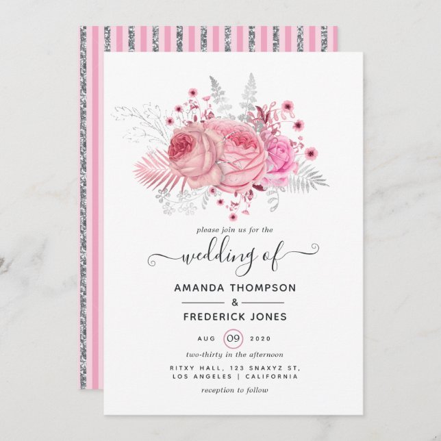 Pink and Faux Foil & Glitter Silver Floral Wedding Invitation (Front/Back)
