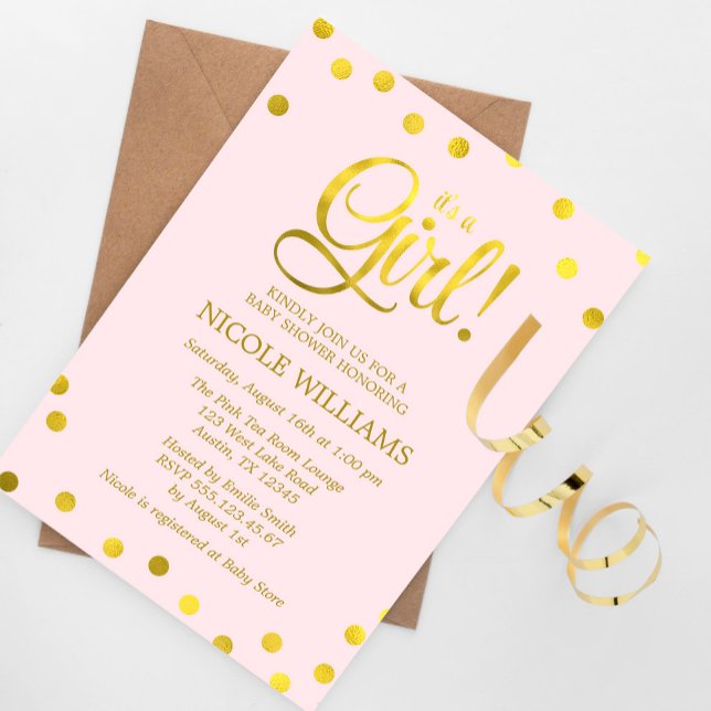 Pink and Faux Gold Confetti Girl Baby Shower Invitation (Creator Uploaded)