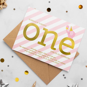 Pink and Faux Gold Foil Elephant Birthday Party Invitation