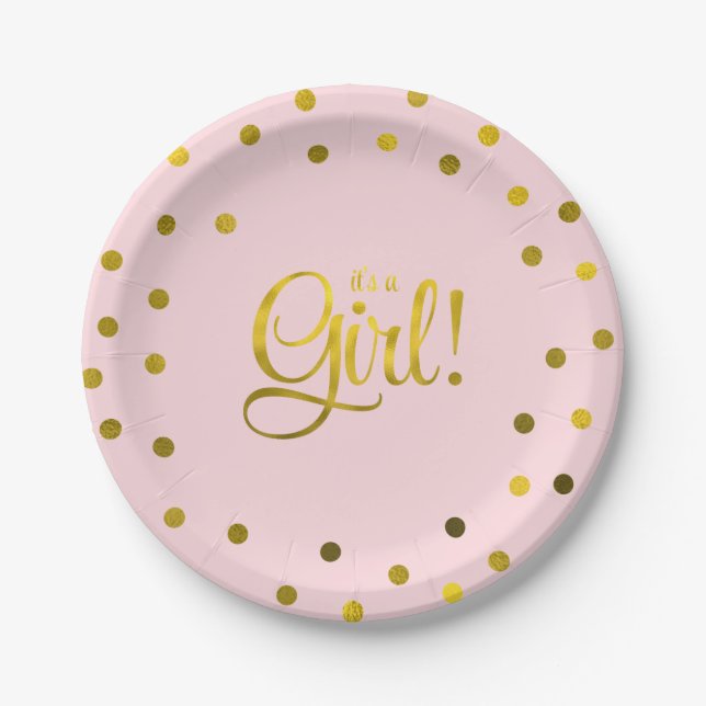 Pink and Faux Gold Foil Girl Baby Shower Paper Plate (Front)