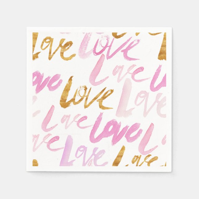 Pink and Faux Gold Foil Love Valentines Pattern Napkin (Front)
