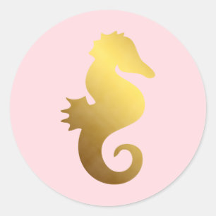 Pink and Faux Gold Foil Seahorse Classic Round Sticker