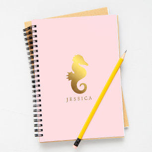 Pink and Faux Gold Foil Seahorse Personalised Notebook