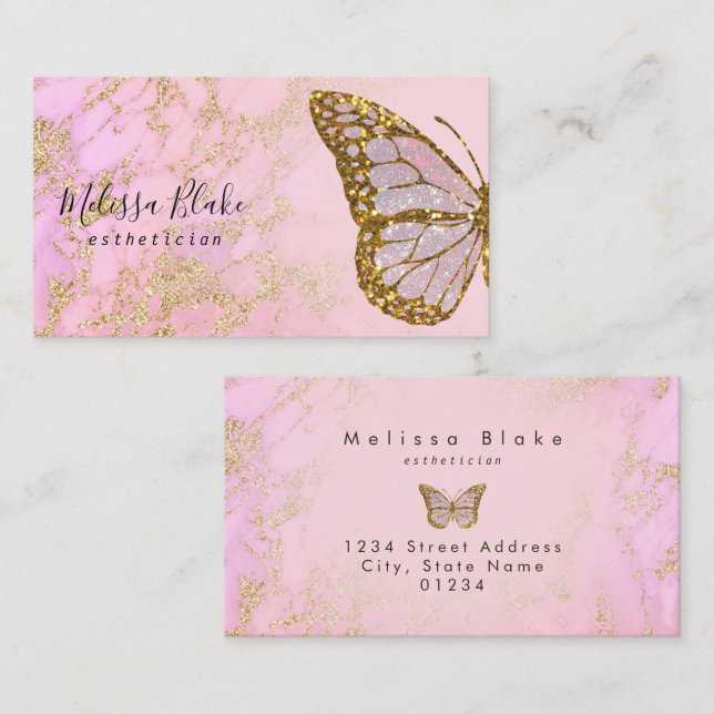 pink and faux gold glitter butterfly  business card (Front/Back)