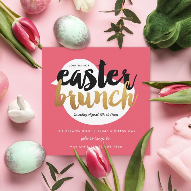Pink and Faux Gold Modern Chick Easter Brunch Invitation (Creator Uploaded)