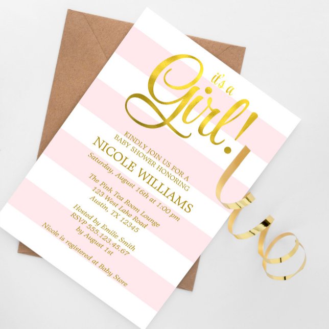 Pink and Faux Gold Stripes Girl Baby Shower Invitation (Creator Uploaded)
