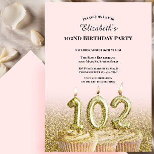 Pink and Gold 102nd Birthday Invitation For Her