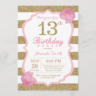 Pink and Gold 13th Birthday Invitation Floral