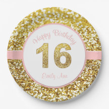 Pink and gold 16th birthday plates