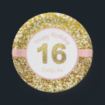 Pink and gold 16th birthday plates<br><div class="desc">Sweet 16 birthday plates in pink and gold are glamourous and beautiful. They have a gold glittery background and a gold sparkly number 16 in the centre. "Happy Birthday (name)" is written in pink script.</div>