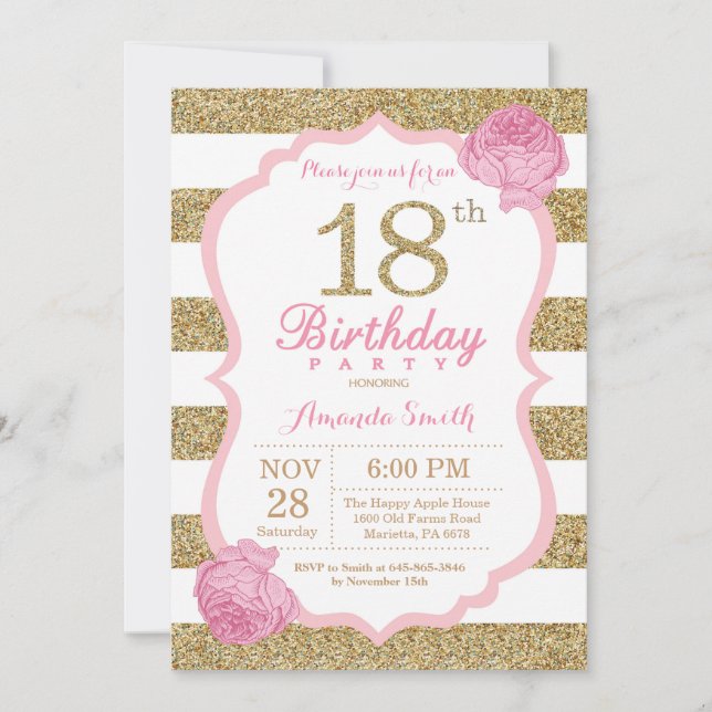 Pink and Gold 18th Birthday Invitation Floral (Front)