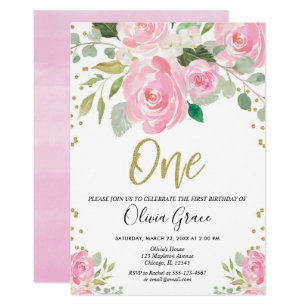 pink and gold 1st birthday floral girl birthday invitation