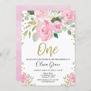 pink and gold 1st birthday floral girl birthday invitation