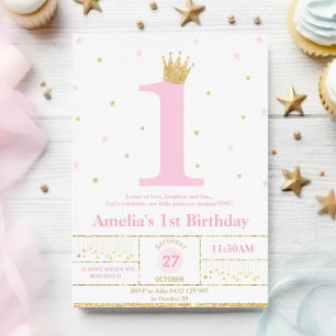 Pink and Gold 1st Birthday Girl Princess  Invitation