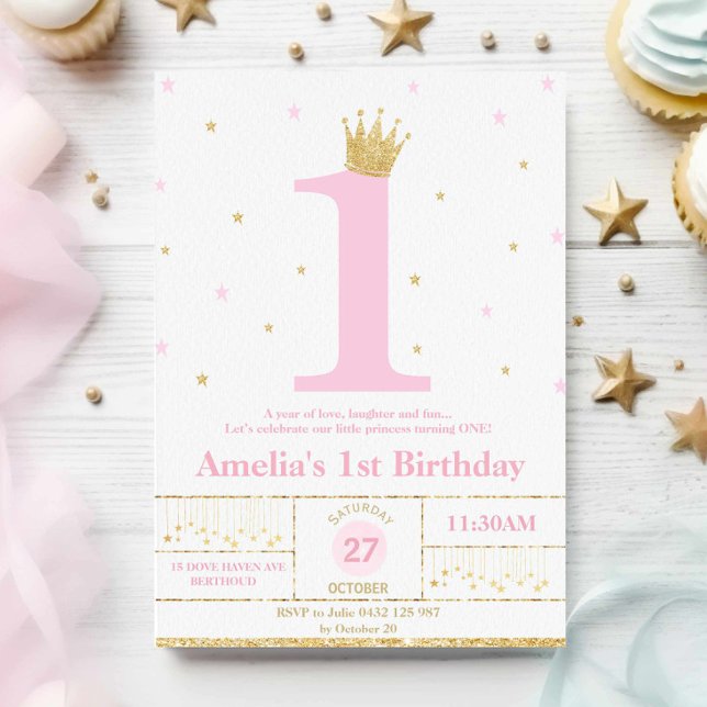 Pink and Gold 1st Birthday Girl Princess  Invitation (Creator Uploaded)