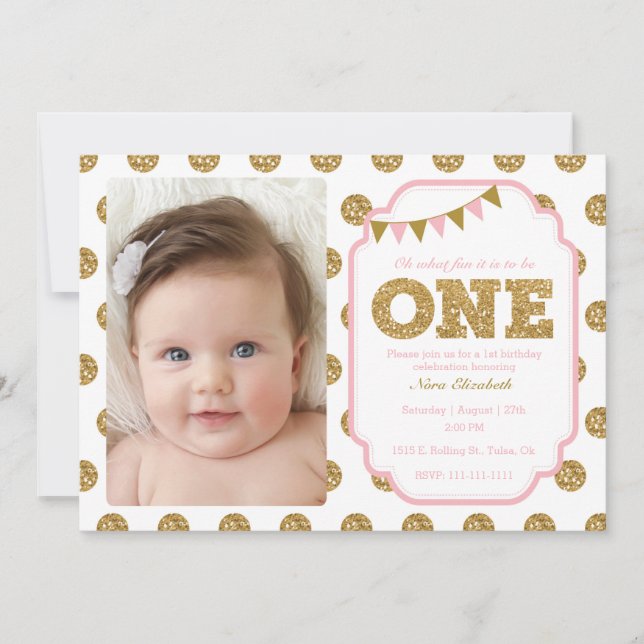 Pink and gold 1st birthday invitation (Front)