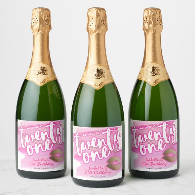 Pink and Gold 21st Birthday Sparkling Wine Labels (Bottles)