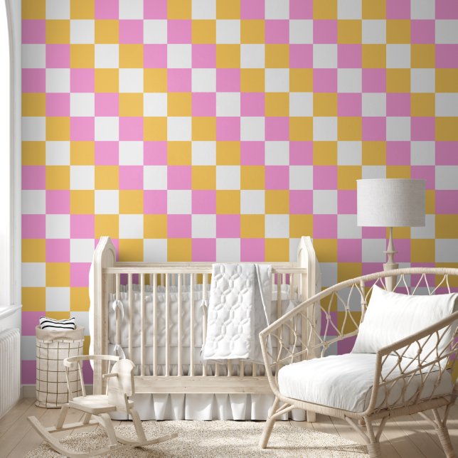 Pink and Gold 4 in Chequerboard Wallpaper (Kids)