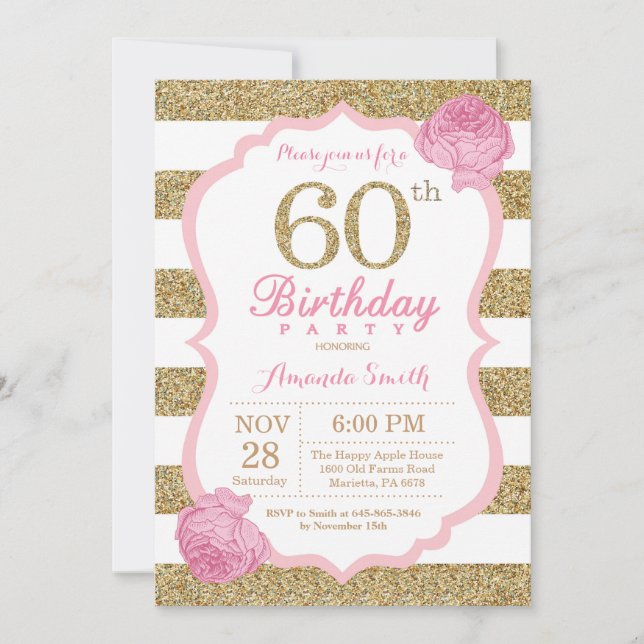 Pink and Gold 60th Birthday Invitation Floral (Front)