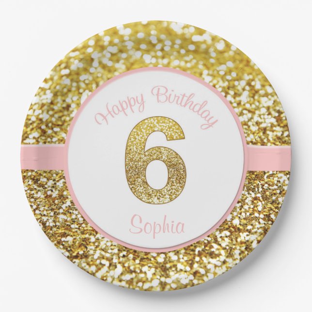 Pink and gold 6th birthday plates (Front)
