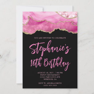 Pink and Gold Agate Black Bold 16th Birthday Invitation