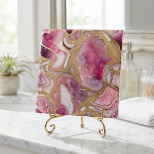 Pink and Gold Agate Geode Abstract Resin Art Ceramic Tile