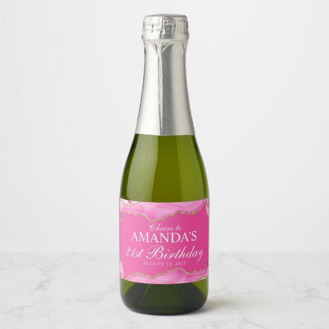 Pink and Gold Agate Marble Sparkling Wine Label (Front)