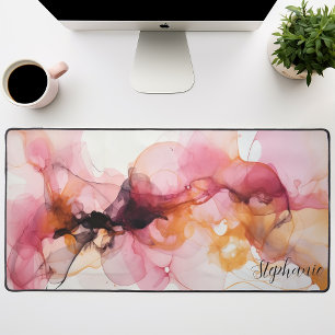 Pink And Gold Alcohol Ink Abstract Desk Mat