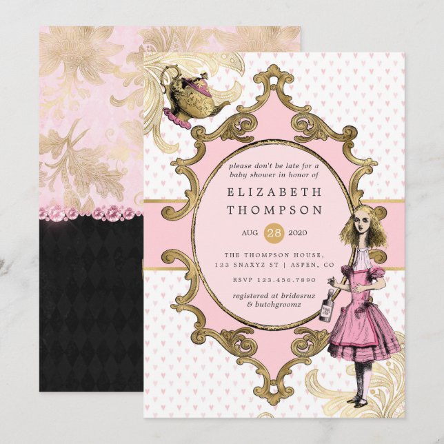 Pink and Gold Alice In Wonderland Baby Shower Invitation (Front/Back)