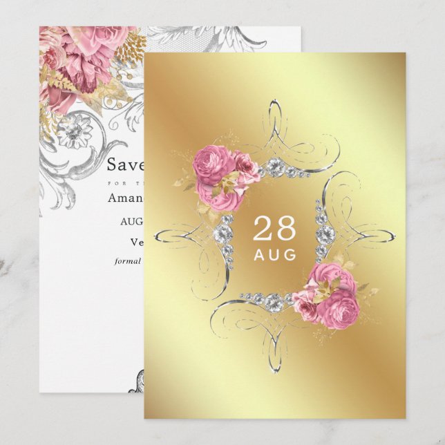 Pink and Gold and Silver Floral Diamond Wedding Sa Save The Date (Front/Back)