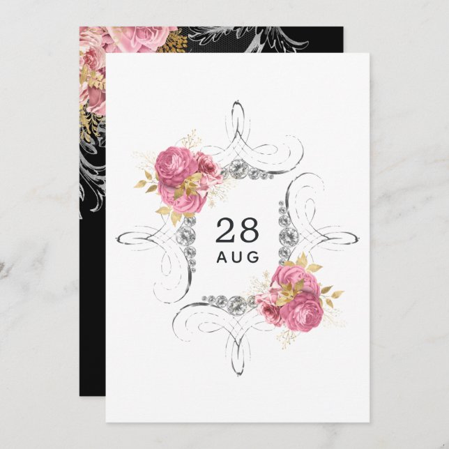 Pink and Gold and Silver Floral Diamond Wedding Sa Save The Date (Front/Back)