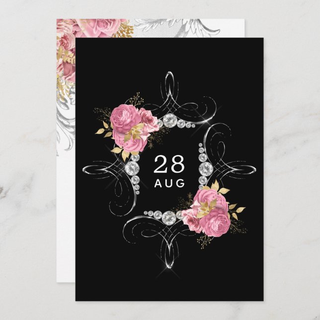 Pink and Gold and Silver Floral Diamond Wedding Save The Date (Front/Back)