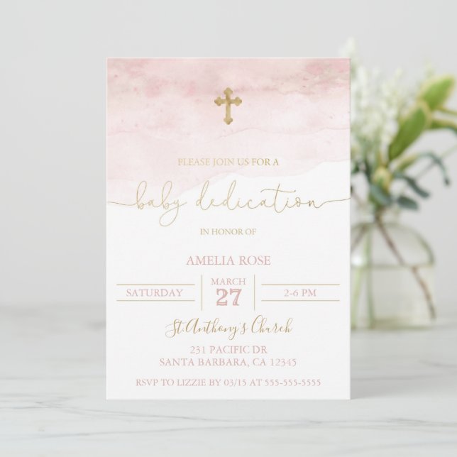 Pink and Gold Baby Dedication Invitation Baby Girl (Standing Front)