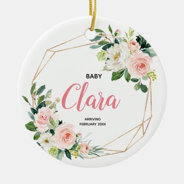 Pink and Gold Baby Reveal Pregnancy Announcement Ceramic Ornament (Front)