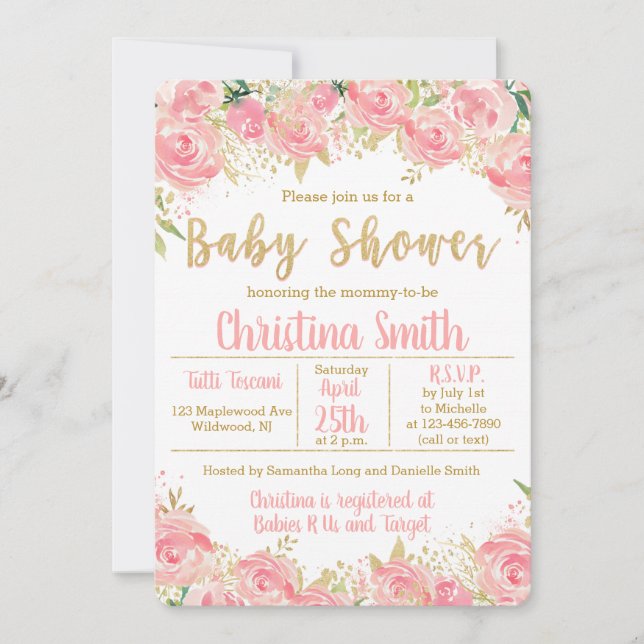 Pink and Gold Baby Shower Invitations for Girls (Front)