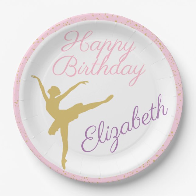 Pink and Gold Ballerina Birthday Paper Plate (Front)