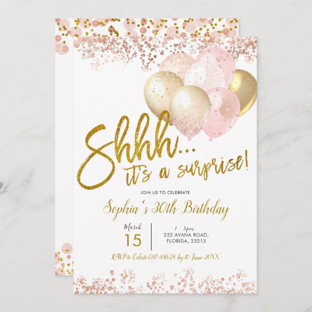 Pink and Gold Balloon Surprise Birthday Party Invitation (Front/Back)