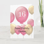 Pink and Gold Balloons 16th Birthday Card<br><div class="desc">Personalised pink and gold 16th birthday card for her,  which features pink and gold balloons on the front of this sixteenth birthday card.</div>