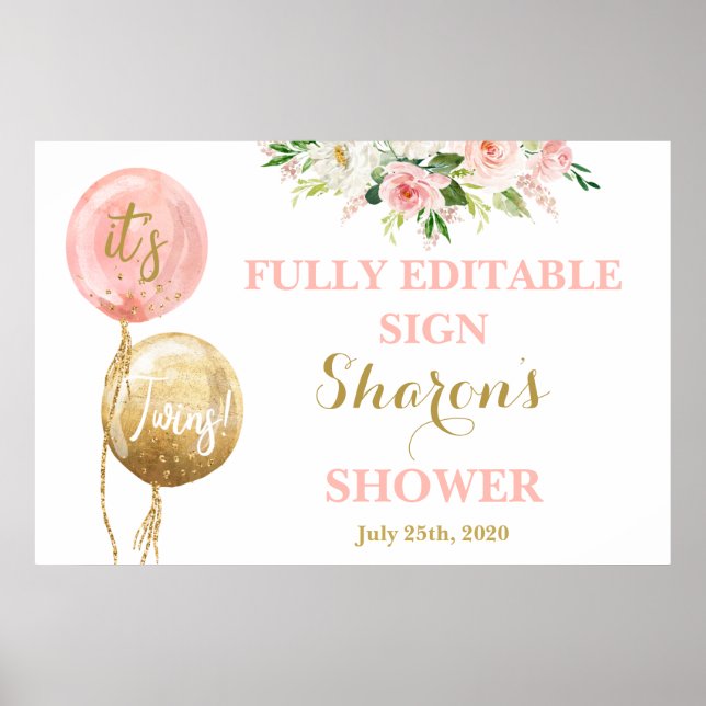 pink and gold balloons baby shower twin girls sign (Front)