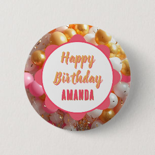 Pink and Gold Balloons Happy Birthday 6 Cm Round Badge